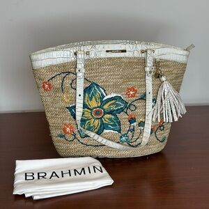 Brahmin Tan and White Woven Tote Bag